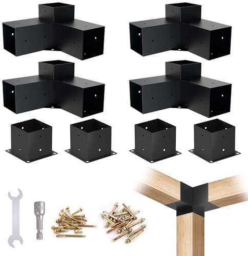 Kinchoix 4x4 Woodworks Pergola Brackets Kit, 3-Way Corner Extension Brackets, Black Powder Coated, 4x4 Metal Brackets for Wood Beams, Fence, and Carport (Actual: 3.5x3.5), SKU00053-3T4P