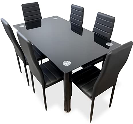 Homey Mesa de Cristal de Comedor o Cocina con Patas Negras Modelo Döme + 6 Sillas Color, Acero aleado, 140 cm (Largo) x 80 cm (Ancho) x 74 cm (Alto)