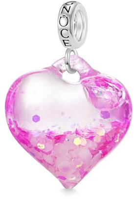 GNOCE Rosa Glitter Cuore Ciondolo Dangle Charm per le donne, 14K oro bianco placcato S925 Sterling Silver Bracciale/Necklcae fascino per lei, San Valentino regalo di gioielli della festa della mamma