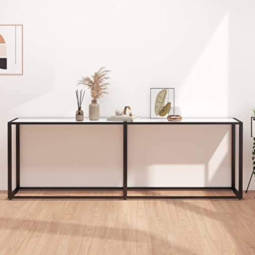 THOYTOUI Konsolentisch, FrisierTisch Regal Schreibtisch BeistellTisch Couch Mit Stauraum Geeignet für Eingangshalle Schlafzimmer Hotel Küche Weiß Marmor-Optik 220x35x75.5 cm Hartglas