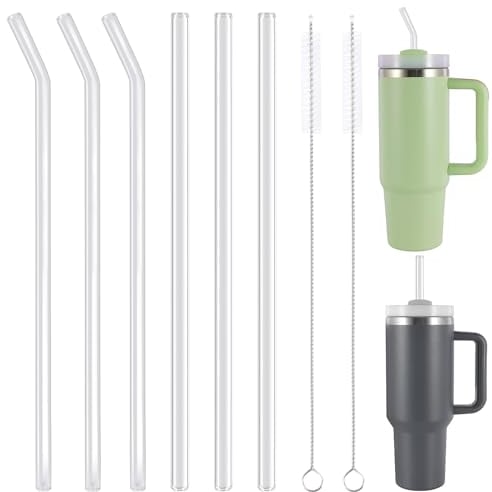 RAFIYU Replacement Glass Straws 31cm Long for Stanley 40oz Adventure Tumbler Water Bottle, 6 Pack Reusable Glass Straws Set with 2Pcs Cleaning Brush, Stanley Cup Accessories (3 Straight + 3 Bent)