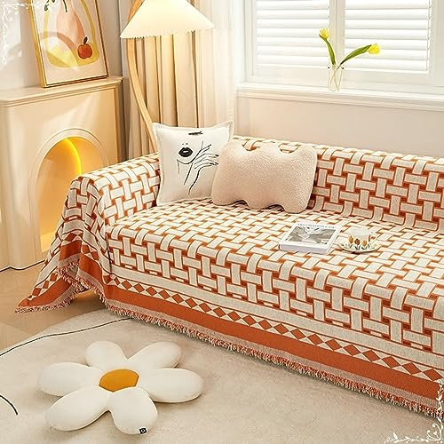 Bishilin Überzug Sofa 1 Sitzer, Couchbezug Eckcouch 180x150CM Geometrie Motiv mit Quasten Orange Sofabezug Universal Katzenschutz