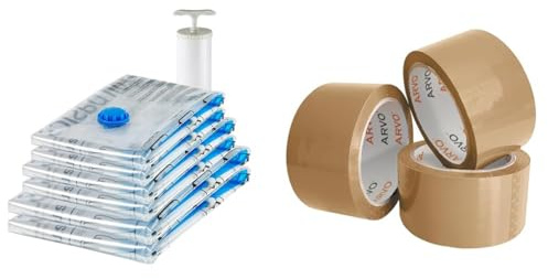 Amazon Basics Multiple Vacuum Compression Zipper Storage Bags with Hand Pump, 6-Pack (2 Jumbo & ARVO Parcel Tape General Purpose Packing Tape with Low Noise - 48mm x 60m, Brown Tape