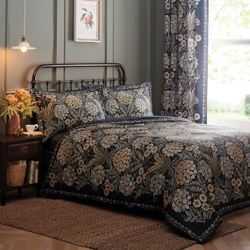 Appletree Marineblauer botanischer Bettbezug, Bettwäsche Super-King-Size-Bett (260 x 220 cm), wendbares Design, dunkelblauer Blumen-Bettbezug, Farn- und Gänseblümchenblau, weiche 100% Baumwolle