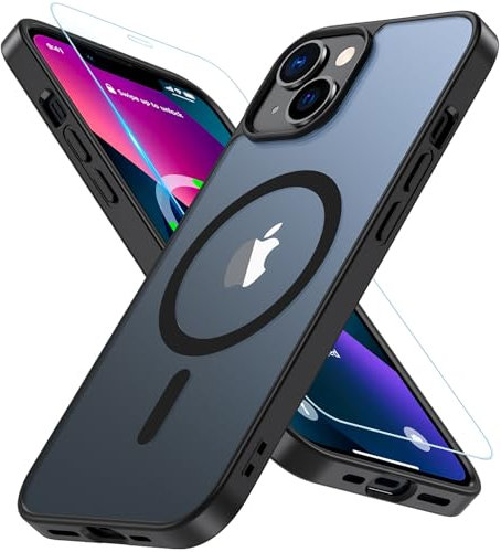 Hensinple Magnetica Cover per iPhone 13 / Cover iPhone 14 con Vetro Temperato [Compatibile con MagSafe],Custodia Traslucida Opaca Protezione Antiurto Resistente ai graffi Sottile Case - Nero