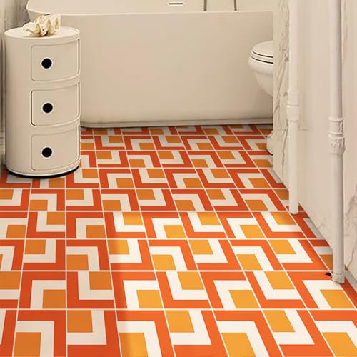 Alwayspon 0.5mm Thickness 24PcsX20cmX20cm Orange, Red and White Vinyl Floor Wall Tile Sticker Transfer, Vinyl Flooring Non-Slip Sticky Back Tile Decals for Kitchen Bathroom