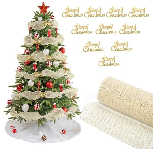 Dwafill Weihnachtsbaum Band Schleife, Rollen Weihnachts-Poly-Netzband, 26 cm Weihnachts Metallfolie Netzrollen Metallfolie Deko Netzband für Weihnachtsbaum Kränze Band Girlande Dekoration (Gold)