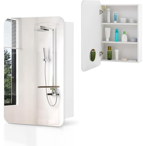 CLIPOP Badezimmerschrank mit 3-Fach vergrößerndem Kosmetikspiegel, Spiegelschrank mit Einzeltür, Badschrank, offenes Fach, Weiß, 50x70x14cm