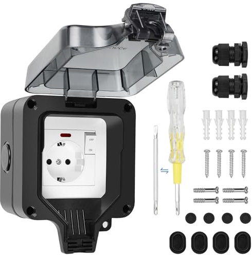 SHYOSUCCE Außensteckdose mit Schalter, Kabelverbinder und Klappdeckel, IP66 Wasserdicht Wandsteckdose Staubdicht Outdoor Steckdose für Küche, Bad, Garage, Schwimmbad und Garten Schwarz