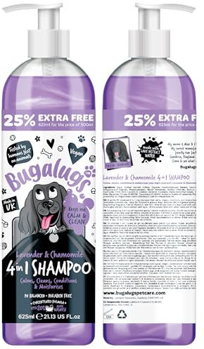 Bugalugs Lavender & Chamomile 4-in-1 Dog Shampoo and Conditioner - Professional Pet Grooming for Smelly Puppies - Vegan Formula (625ml)