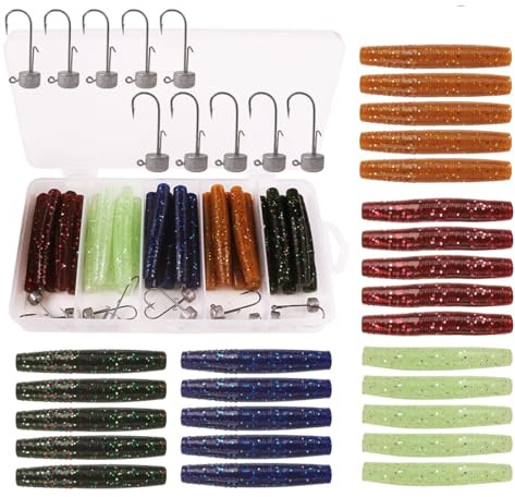 FOLANDO 35pcs Fishing Soft Lures Kit, Fishing Weights Jig Heads Hooks, Plastic Baits Kit for Fishing Trout Redfish Saltwater/Freshwater T22253