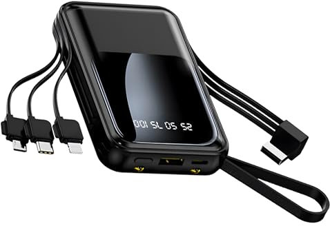 Cargador portátil de carga rápida de 10000 mAh con cables integrados, pequeña batería USB C para iPhone 16, 15, 14, 13, Android, Google Pixel, etc. (negro)