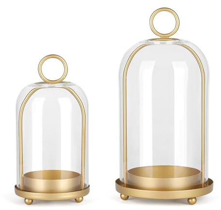 Versatile Metal Candle Holder Set with Handmade Glass Dome,Antique Brass Pillar Candle Stand, 5.2 & 4.1 Wide for Tabletop or Hanging, Industrial & Farmhouse Decor
