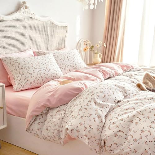 Lanqinglv Bettwäsche 135x200 cm Rosa Weiß Blätter Blumen Muster Pflanzen Wende Bettwäsche Set Microfaser Renforce Bettbezug mit Reißverschluss und Kissenbezug 80x80 cm