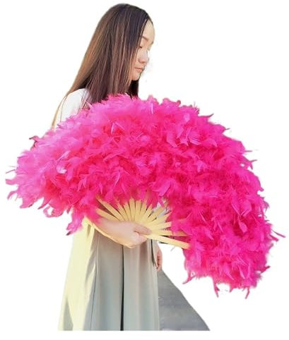 UZAMIRLEX Ostrich Feather Fans, Large Pink Feather Fan(Rose Pink)