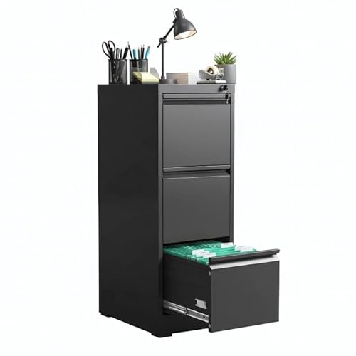 kavey Dreiteiliger Ordner-Schrank mit Schloss, Metall Aktenschrank, Vertikaler Ordnerschrank, Schloss-Ordnerschrank fr A4/Rechts-/Brief, Schwarz