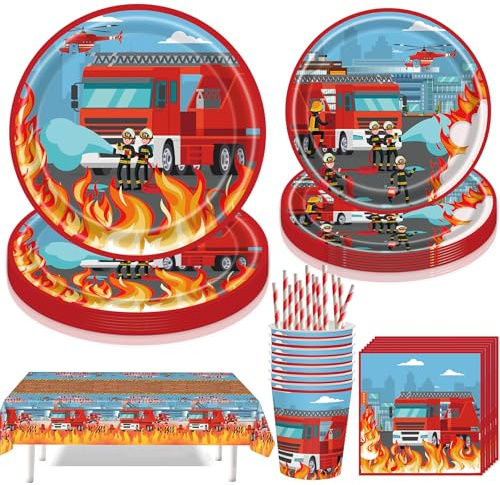 61 Stück Feuerwehrauto Partygeschirr,Feuerwehraut Geburtstag Geschirr,Fireman Geschirr Set,Feuerwehrmann Partyteller Becher Servietten,Kindergeburtstag Party Deko für Junge