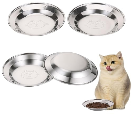 TranRantic 4 Pack Stainless Steel Cat Bowl, Whisker Friendly Cat Food Bowl | 16cm Shallow Wide Kitten Bowls for Food and Water, Metal Cat Plates for Puppy, Small Dogs, Rabbits (Smiley Cat Pattern)