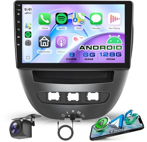 Rimoody 6G 128G Car Stereo for Citroen C1/Peugeot 107/Toyota Aygo 2004-2014 with Carplay Android Auto, 10.1 Inch Touch Screen Radio with GPS Bluetooth FM RDS WiFi Backup Camera 360 Camera Support