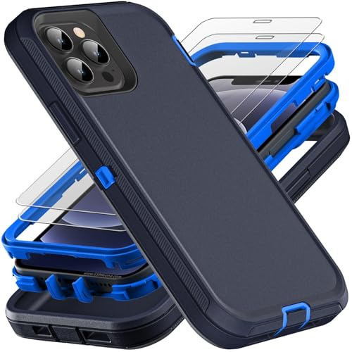 YmhxcY for iPhone 12/12 Pro Case, Military Grade 3 in 1 Heavy Duty Shockproof/Drop Proof/Dust Proof Case with 2Pcs Tempered Glass Screen Protector (Navy Blue)