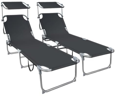 VOUNOT® Set di 2 Sdraio da Giardino Pieghevole, Lettino Prendisole con Tettuccio Parasole e Schienale Regolabile, Sdraia da Balcone per Spiaggia, Terrazzo e Esterno Piscina, Nero
