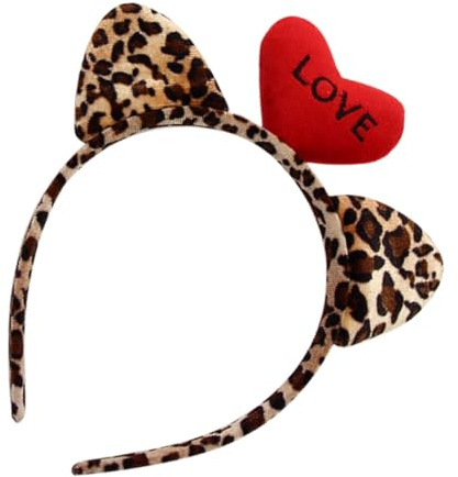 OSALADI Niedliches Haarband mit Katzenohren und Leopardenmuster Flauschiges Stirnband mit Herzanhänger Weiches Plüschmaterial Valentinstag Haar Accessoire für Cosplay und Make Up