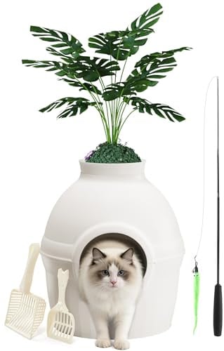 Mondeer Katzenklo mit Deckel und Blumentopf, Katzentoilette Versteckt XXL mit Pflanze, 2 Schaufel, Verstellbarer Katzenspielzeug, für Wohnzimmer Schlafzimmer Ecke (Weiß)