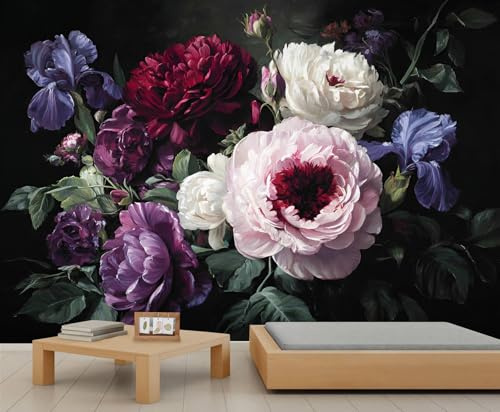 YEMYOR Floral Mural Wallpaper Dark Peony Flowers Wallpaper for TV and Sofa Background Vintage Floral Wall Mural for Living Room Bedroom-350x250cm