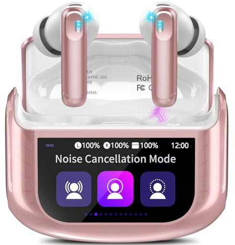 Thunelec Touchscreen Bluetooth Kopfhörer, 2026 In Ear Kopfhörer Kabellos Bluetooth 5.4 mit ANC+ENC Noise Cancelling Mic, 48Std Spielzeit Tiefer Bass Earbud Rose