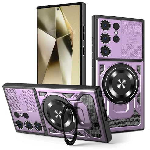 Techsuit für Samsung Galaxy S24 Ultra Hülle mit Militärischer Schutz, Kameraschutz, Integrierter Ständer, Magnetring Kompatibel, Stoßfest, Verstärkte Ecken, RuggedCam Series, PC TPU Hybrid, Lila
