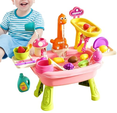 Water Activity Table, with Faucet Cute Dinosaur Play Food Set, Kids Water Sand Activity Sensory Playset, for Beach Backyard Garden Park Pool, Boys Girls Aged 3+