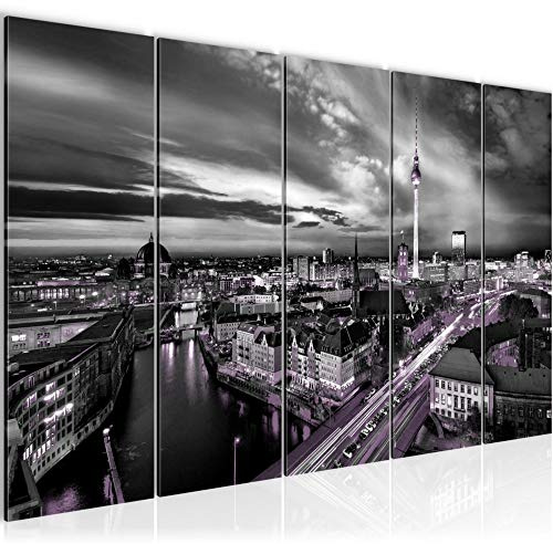 Runa Art Wandbild XXL Berlin Skyline Büro Wohnzimmer 200 x 80 cm Schwarz Violett 5 Teilig - Made in Germany - 004355c