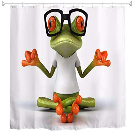 A.Monamour Grenouille Zen avec Un T-Shirt Blanc Portant des Lunettes De Soleil Drôle De Fond Blanc Animal Imperméable Long Rideau De Douche en Tissu Polyester avec Crochets 180x180 cm / 72x72