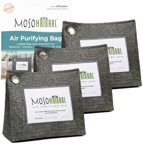 Moso Natural Air Purifying Bag 600g (3 Pack). A Scent Free Odour Eliminator for Kitchens, Bedrooms, Living Rooms, Pet Areas. Premium Moso Bamboo Charcoal Odour Absorber. Freestanding Design.
