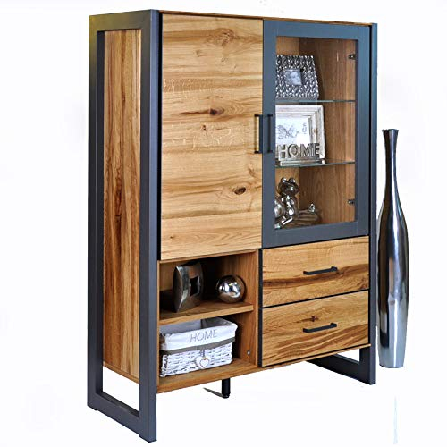 DK-Wohnen Highboard Vitrine Alteiche Furniert Metall Graphitgrau B97,5xH140xT40cm ELFO Janne 2272