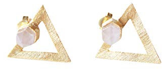 Boucles d'oreilles en pierre semi-précieuse quartz rose naturel - Boucles d'oreilles triangle en or 18k