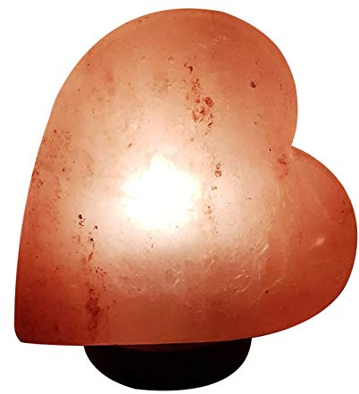 Heart Stone Shape Natural Handcrafted Crystal Himalayan Rock Salt Lamp Design set on a wooden base. Home Air Purifier Therapeutic Anxiety Stress Levels Warm Calm Ambient Glow