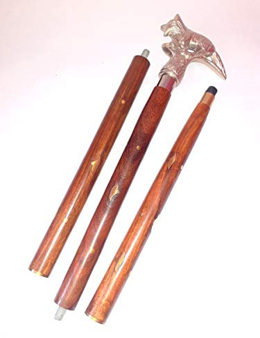 Gehstock mit Wolfskopf, handgefertigt, Holz, Aluminium, silberfarben
