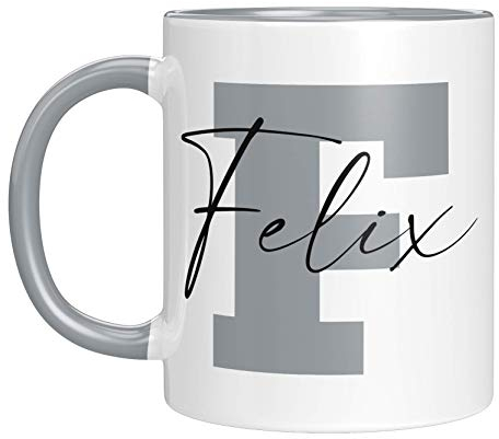TassenTicker - Personalisierte Tasse - Namens-Tasse - mit Ihrem Anfangsbuchstaben und Namen - personalisiert - Geburtstag - Kaffeetasse - beidseitig bedruckt - Geschenkideen (Grau)