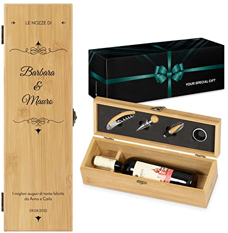 Maverton Cassetta Porta Vino Amore con Accessori - Kit Cavatappi da Vino Personalizzato - Scatola in Legno di bambù + 4 Pezzi di Accessori Vino - Idee Regalo per Anniversario - Nozze