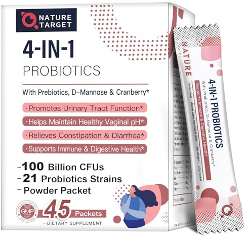 NATURE TARGET Probiotics-for-Women Prebiotics-and-Probiotics-Powder, 100-Billion-CFUs 45-Day-Supply, Women's-Probiotic with D-Mannose and Cranberry for Urinary Tract/Gut/Digestive Health