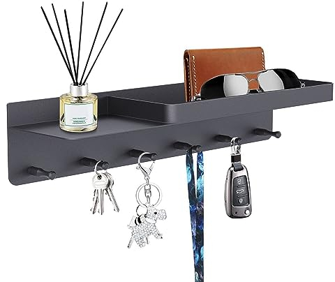 Honsdom Porte Clef Mural avec Étagère de Rangement, Boite a Clé Murale Decorative avec 6 Crochets, pour Rangement des Clés et Courrier à l'entrée, Raccrocher Ustensiles de Cuisine (Noir)