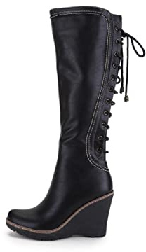 ANN CREEK 'Camuy' Stitching Back Lace Knee-High Wedge Boots Lace Up Boots for Women with Heel Round Toe Black Zipper Wide Calf Knee High Boots Black 8