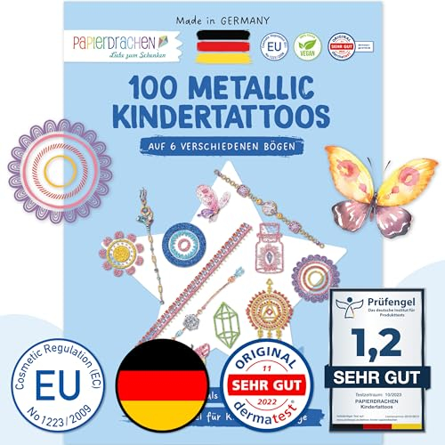 Papierdrachen 100 Metallic-Tattoos für Kinder - Hautfreundliche Kindertattoos Schmuckelemente - Glitzer Tattoo - Geburtstagsmitgebsel - Für Jungen und Mädchen - in Deutschland hergestellt