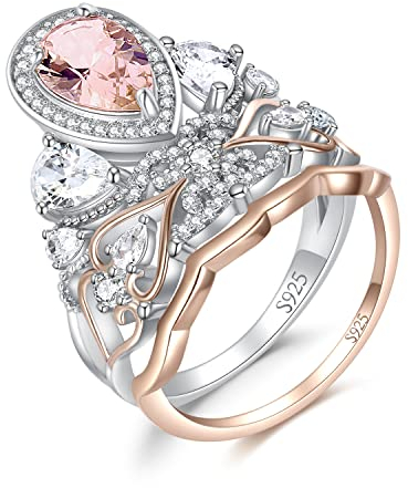 JewelryPalace Vintage Herz Liebe 2.5ct Erstellt Rosa Morganit Saphir Solitär Promise Ring Damen, Verlobungsring Silber 925 Rosegold,Krone Hochzeitsring Vorsteckring Trauring Ehering Band Set Frauen 54