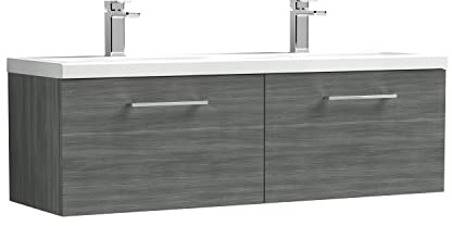 nuie ARN522F Arno Modern Bathroom Wall Hung 2 Drawer Double Vanity Unit with Twin Ceramic Basin, 1200mm, Woodgrain Anthracite