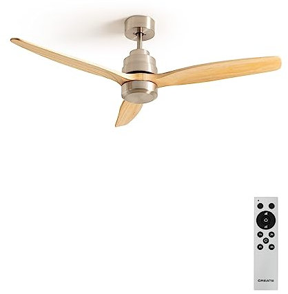 CREATE / WINDSTYLANCE/Deckenventilator Nickel Naturholzflügel mit Fernbedienung / 40W, Leise, Ø132 cm, 6 Geschwindigkeiten, Timer, DC-Motor, Sommer-Winterbetrieb