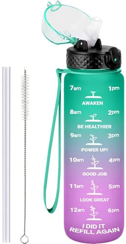 GOPPUS 1000ML/32OZ Tritan Water Bottle with Straw 1 Litre Leakproof Drink Bottle with Measurements Sport Bottles with Lockable Flip Top Motivational Bottles with Time Marks for School, Adults, Cycling