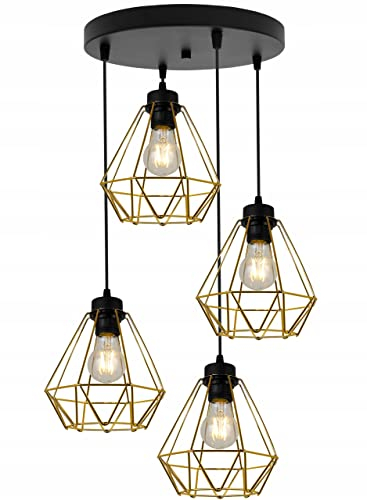 Light-Home Corral Retro Lampe - Hängelampe Hängeleuchte - Deckenlampe Industrial für Wohnzimmer Schlafzimmer und Esszimmer - Pendelleuchte Vintage aus Metall - 4 - Flammig Rund - Schwarz und Gold
