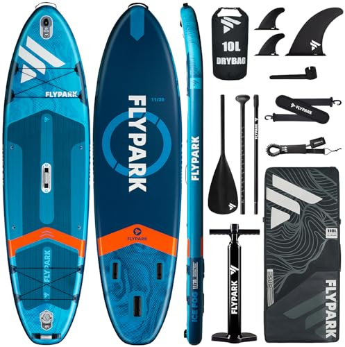 Flypark Angel- und Familien-Paddelbrett, 325 x 28 x 89 cm, extra breit, SUP, aufblasbar, 195 kg, 3 Personen, Stand-Up-Paddle-Board für Erwachsene, Kamerahalterung, Schultergurt, Rutenhalter